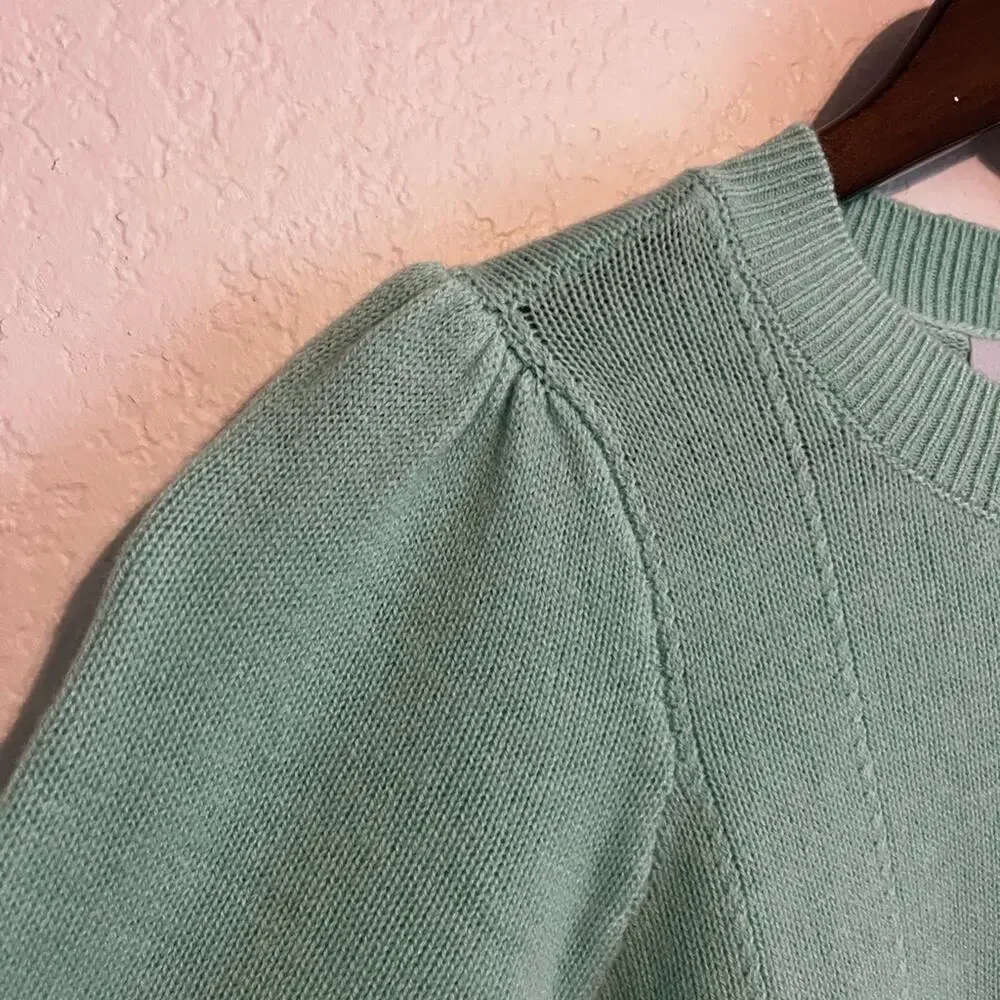 Hill House Sylvie Cropped Knit Merino Wool Sweater Puff Sleeve Mint Green XS